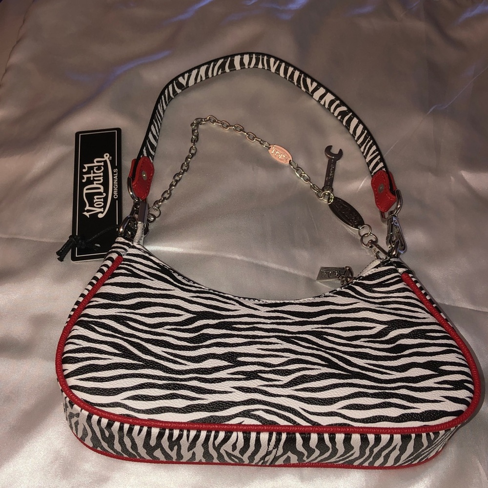 Von Dutch Zebra Print Shoulder Bag Red Trim & Logo Silver Chain + Wrench NWT - Picture 11 of 16